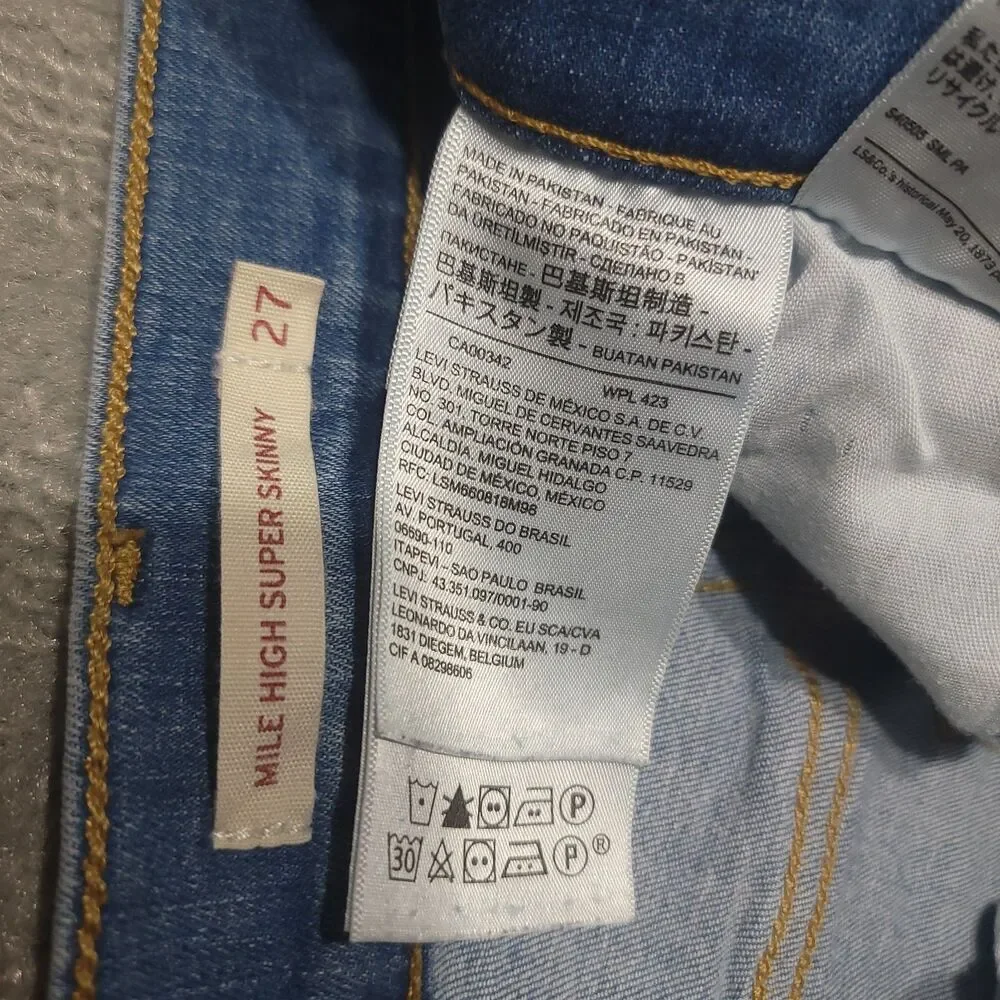Levis Mile High Super Skinny Jeans Womens Size 27 Stretch Blue Distressed Pants